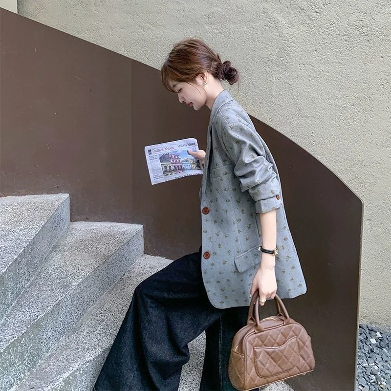 

Shpmishal Grey Floral Suit Jacket 2025 Women's Spring and Autumn New Style High-end Korean Design Suit Top Female Clothing