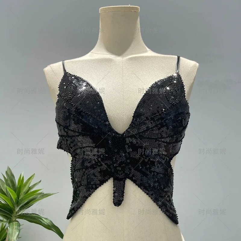 Light Luxury Heavy Industry Sequin Lace Up Suspender, Beautiful Back And Strapless, Niche Retro Colorful Butterfly Wrapped Chest