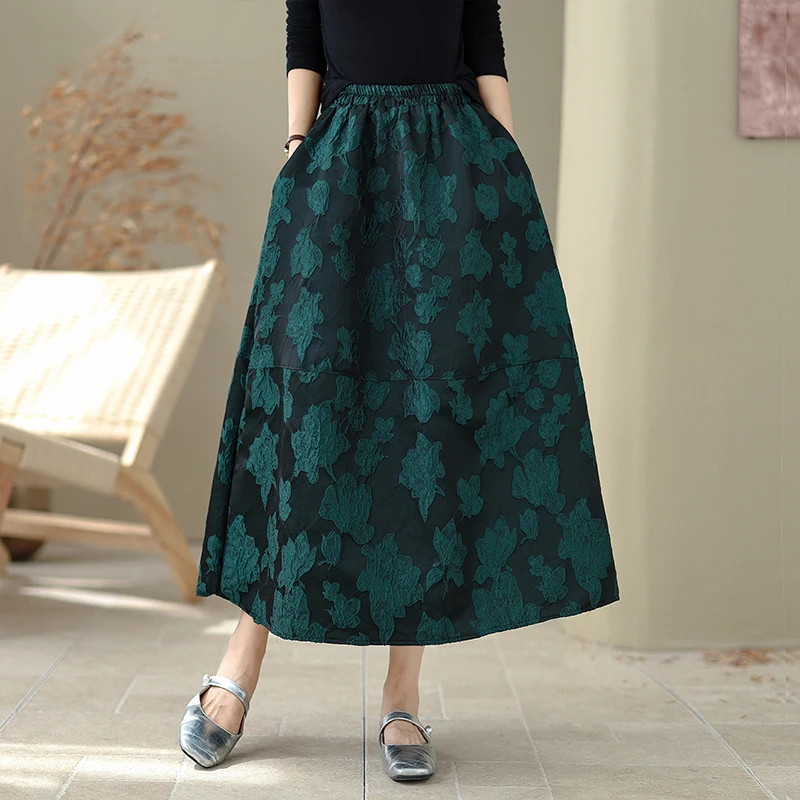 秋冬ハイウエストミディスカート エメッドフローラル カジュアル万能 レディースゴアードスカート Aラインシルエット ゴムウエスト