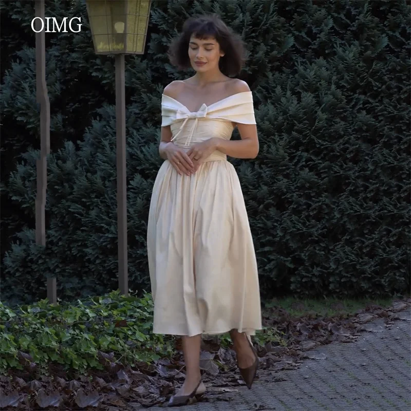 

OIMG Милое платье с бантом и открытыми плечами, трапециевидное платье для выпускного вечера с открытой спиной, вечернее платье чайной длины, вечернее платье, платья de gala, по индивидуальному заказу