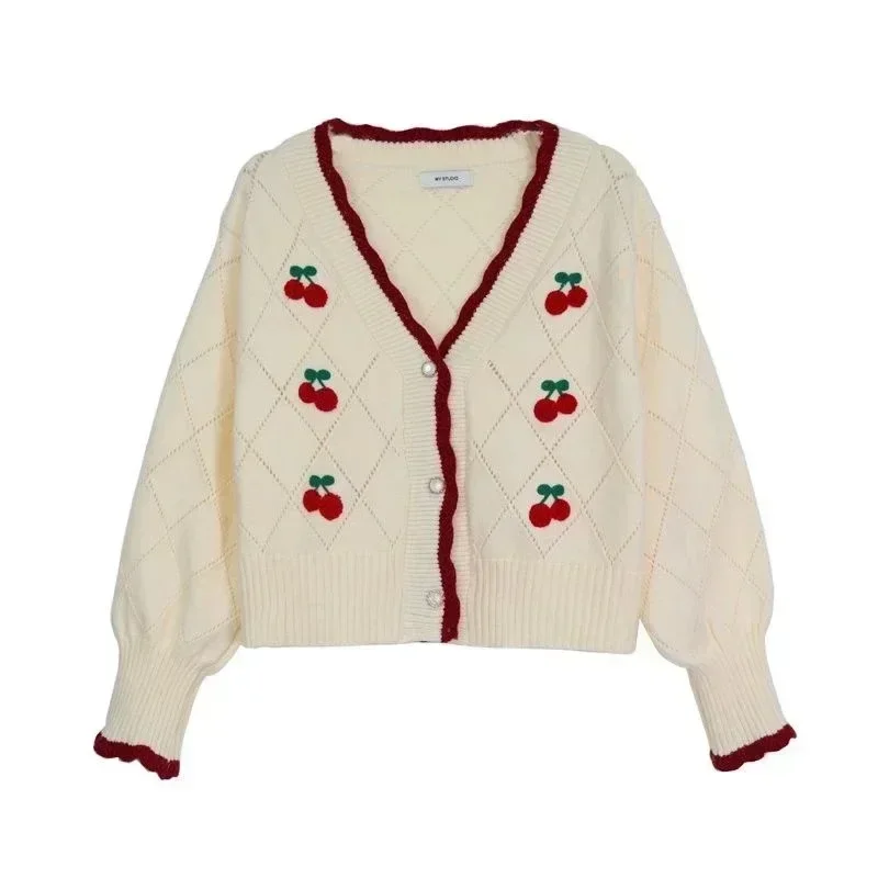 New Autumn Cherry Embroidery Short Section Long Sleeve Thin Knitted Cardigan Hollow out Sweater