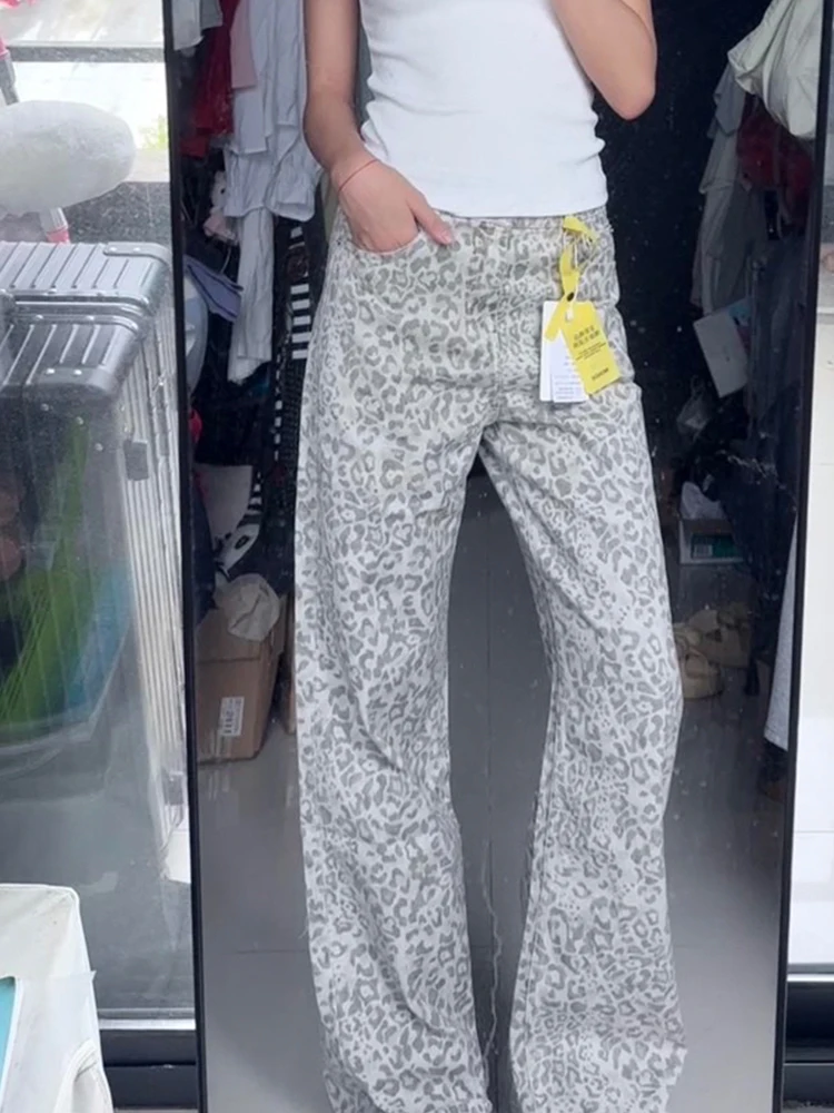 대형 사이즈 아메리칸 슬레 웨드 레오파드 프린트 청바지 여성용 가을 겨울 루즈 스트레이트 레깅스 레트로 슬리밍 팬츠