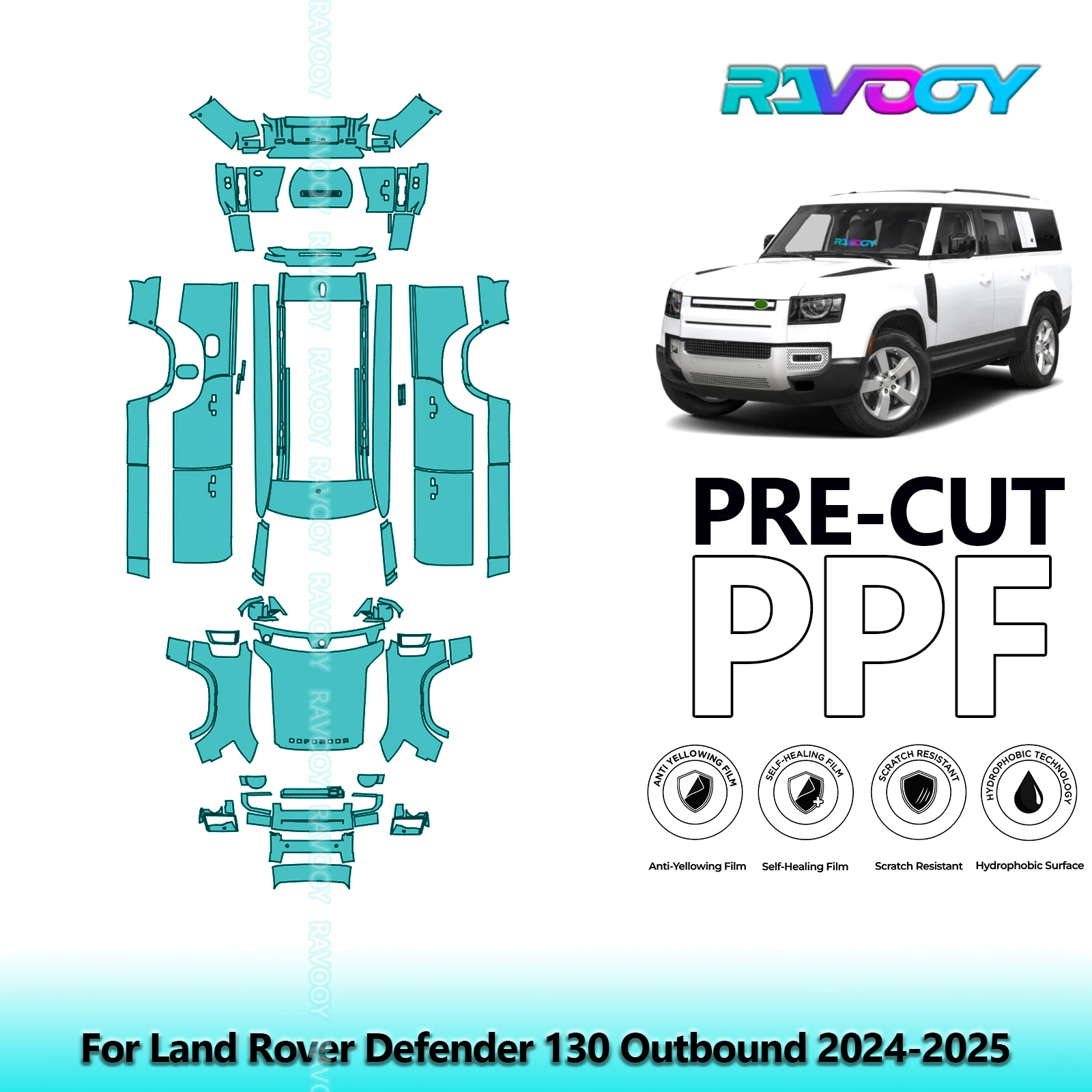 RAVOOY 8.5Mil Custom-Fit Precut TPU PPF Full Vehicle Clear Bra Stone Guard EU UK For Land Rover Defender 130 Outbound 2024-2026