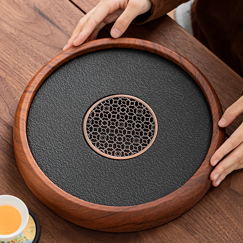 

round Drainage Type Replica Black Gold Stone Dry Puff Tea Tray Home Use Luxury Melamine Tea Table Compact Storage Water Saving