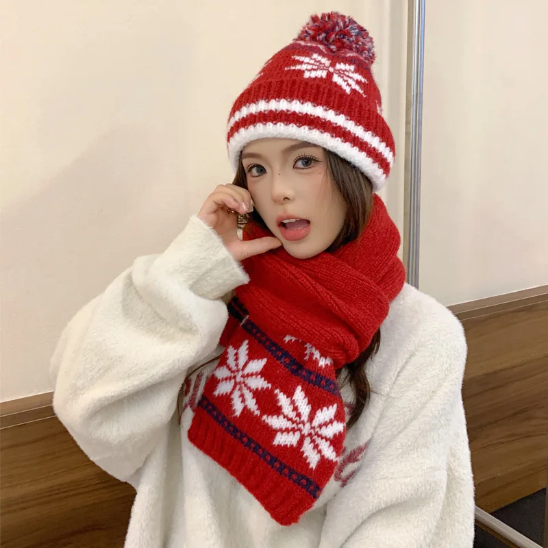 

Fair Isle Design Winter Accessories Xmas Warm Hat Scarf Set Women Pom Cuffed Beanie Scarves Knit Stripe Snowflake Beanies Sets