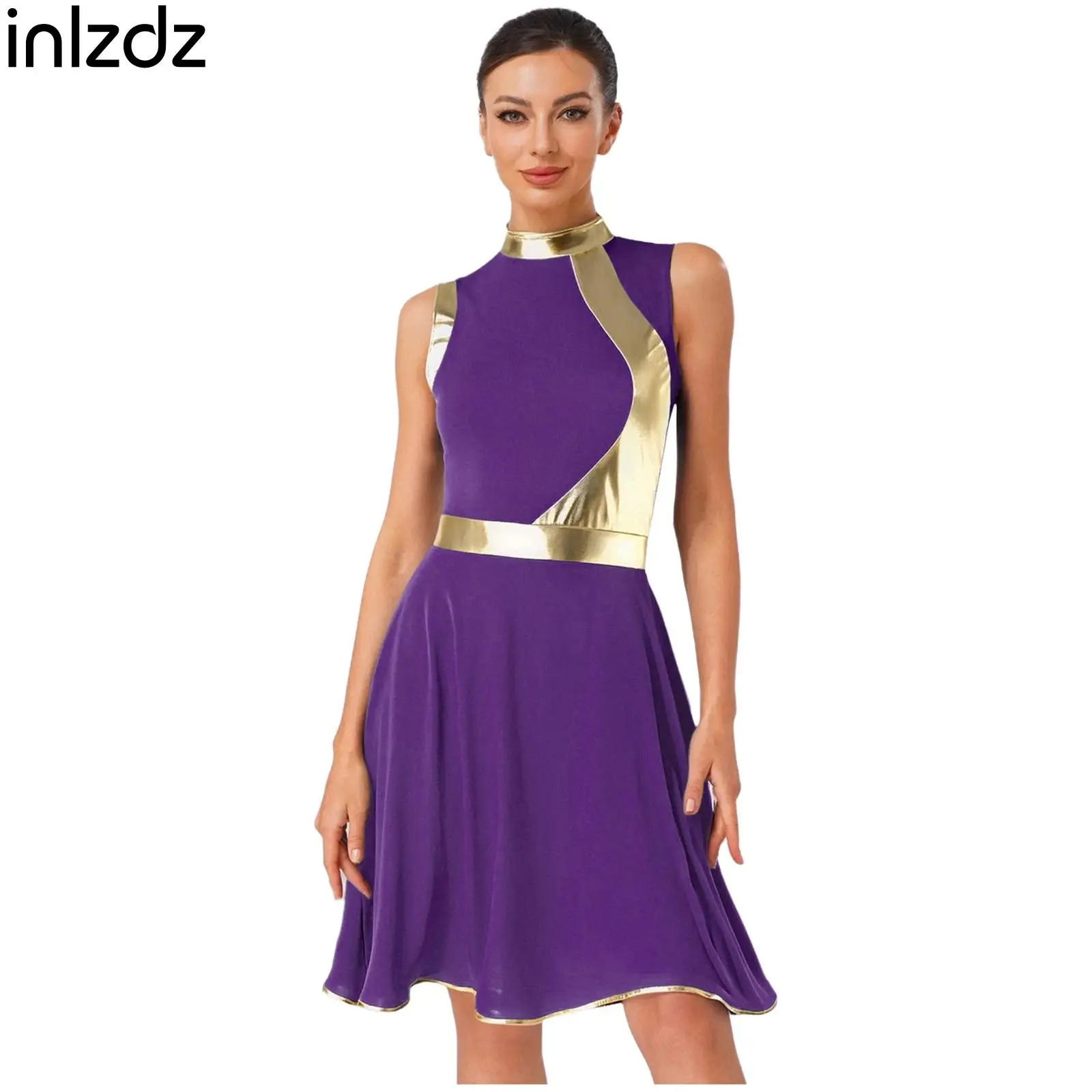 

Adult Women Metallic Shiny Sleeveless A-line Dress Dance Costume for Lyrical Liturgical Worship Praise Performance Dancing Party