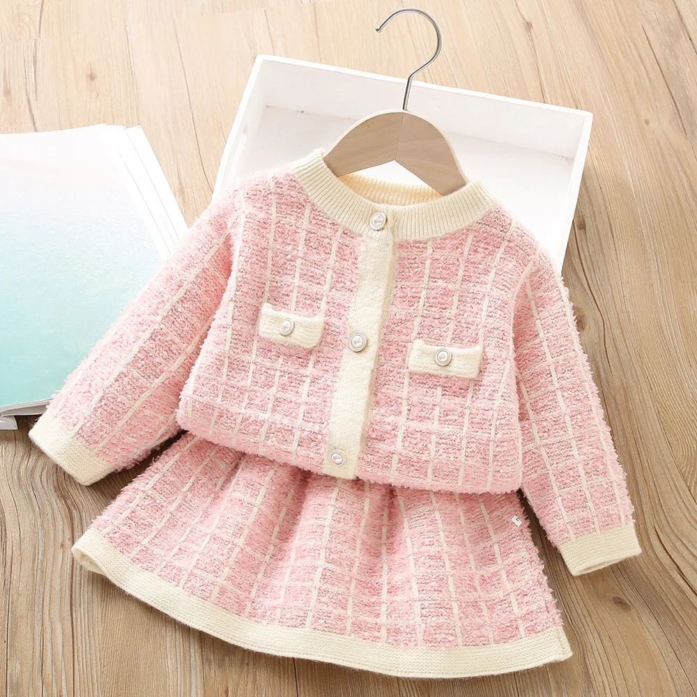 Girls Clothes Sets Spring Autumn Children Woolen Jersey Sweaters Coats Skirts Party Dress Suit For Baby Knitted Outfits Kids 5 6