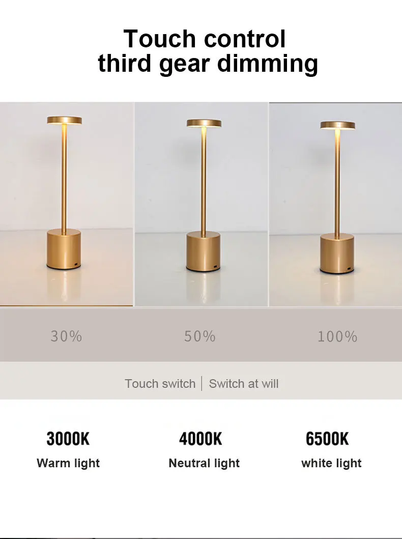 LED Table Lamp Hotel Wireless Rechargeable Desk Lamp Touch Switch Table Lamp Metal Retrolight for Bedroom Living Room Restaurant