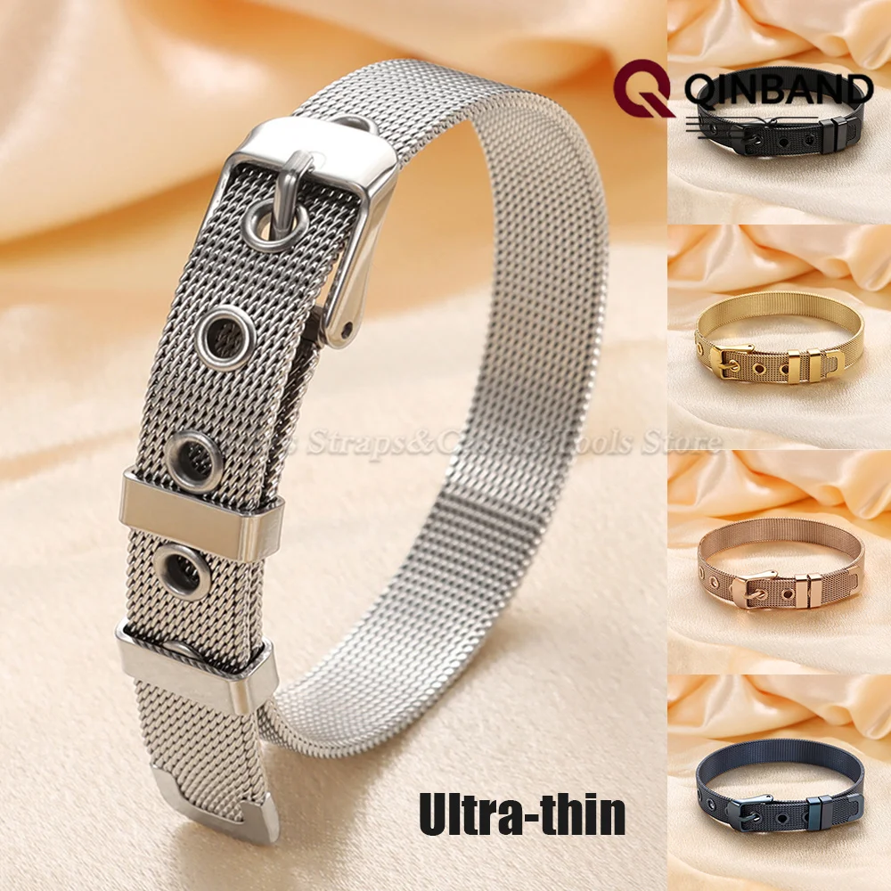 Correas de reloj de malla milanesa de acero inoxidable de 10 mm para mujer, compatibles con DW, Armani y Smartwatch, pulsera ultrafina plateada y dorada