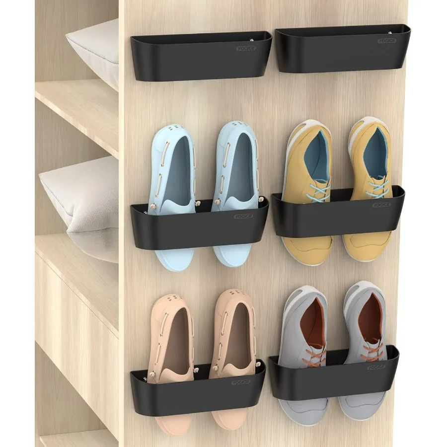 Wall Mounted Shoes Rack 6Pack with Sticky Hanging Strips Plastic Shoes Holder Storage Organizer Door Shoe Hangers SM03Black6