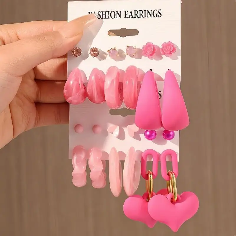 6/12 Pairs Heart Earrings Set for Women, Pink Chunky Hoop Stud Earrings, Cute Trendy Statement Jewelry for Daily Party Wear