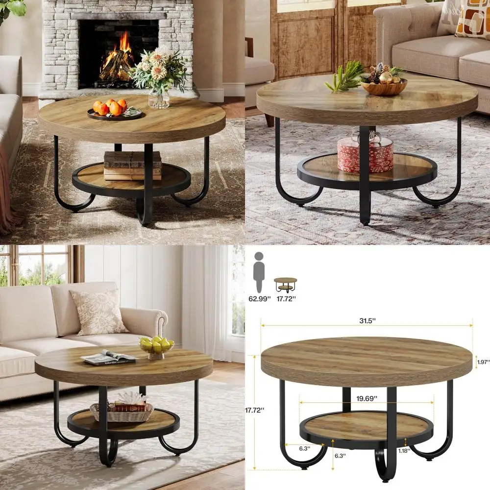 

Modern 31.5 Round Wood Coffee Table with Storage Shelf and Metal Frame, 2-Tier Industrial Style Accent Table