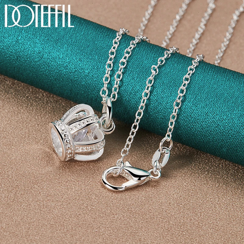 DOTEFFIL 925 Sterling Silver AAA Zircon Crown Pendant Necklace 18 Inch Chain For Woman Fashion Wedding Engagement Party Jewelry