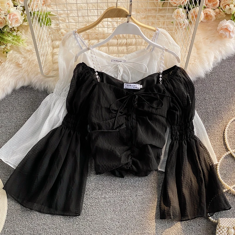 

Women's ter Ne Chiffon Top ort Slim Fit Bell Sve High Waist Square Collar Summer Fairy T Sle Pleated ort irt