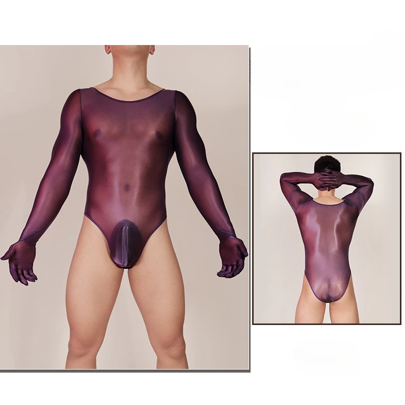 Mens Bodysuit Naked Feeling Breathable Tights Oil Shiny Glossy High Elastic Sexy Long-Sleeved Five Fingers Gloves Jumpsuits