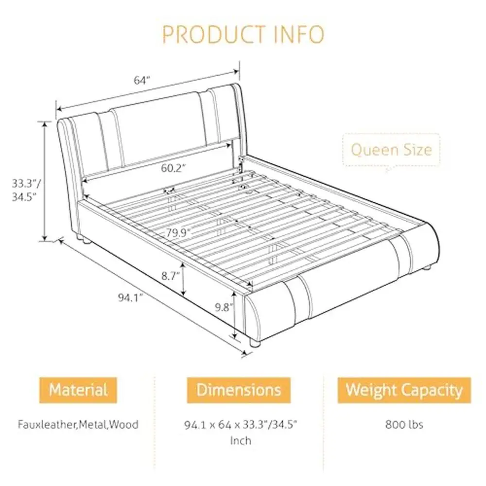 Modern Queen Bed Frame with Adjustable Headboard Iron Pieces Decor No Box Spring Needed Low Profile White Color 800 lbs Weight