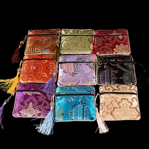 10 Pcs/Lot Brand New Mixed Color Small Flower Silk Tassel Square Coin Pouch China Zipper Coin Purse Jewelry Bag