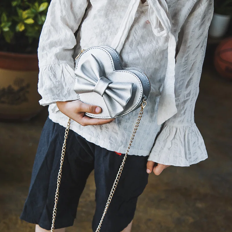 Bolso de mano con lazo de corazón de melocotón para mujer, bolso cruzado con cadena de princesa, bolsos de mensajero para niños, monedero para mujer