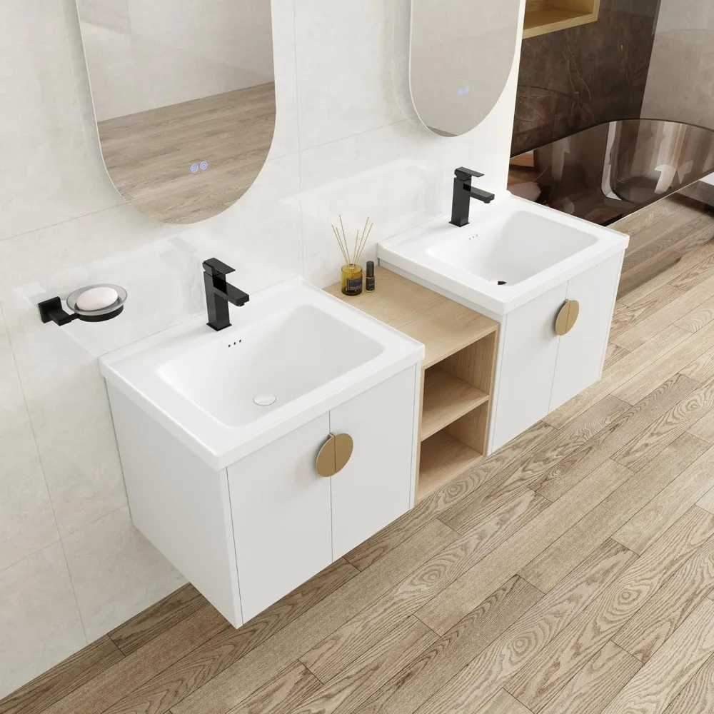 60 Inch Double Sink Vanity Modern Wall Mount Bathroom Vanity with Double Ceramic Sinks with Middle Storage Shelf and 2 Cabinets