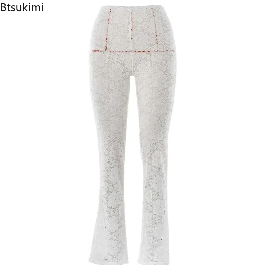 2025 Women's Sexy See Through Pants Full Lace Splice High Waist Solid Slim Long Pants Chic All-match Flare Pants Women Clothing