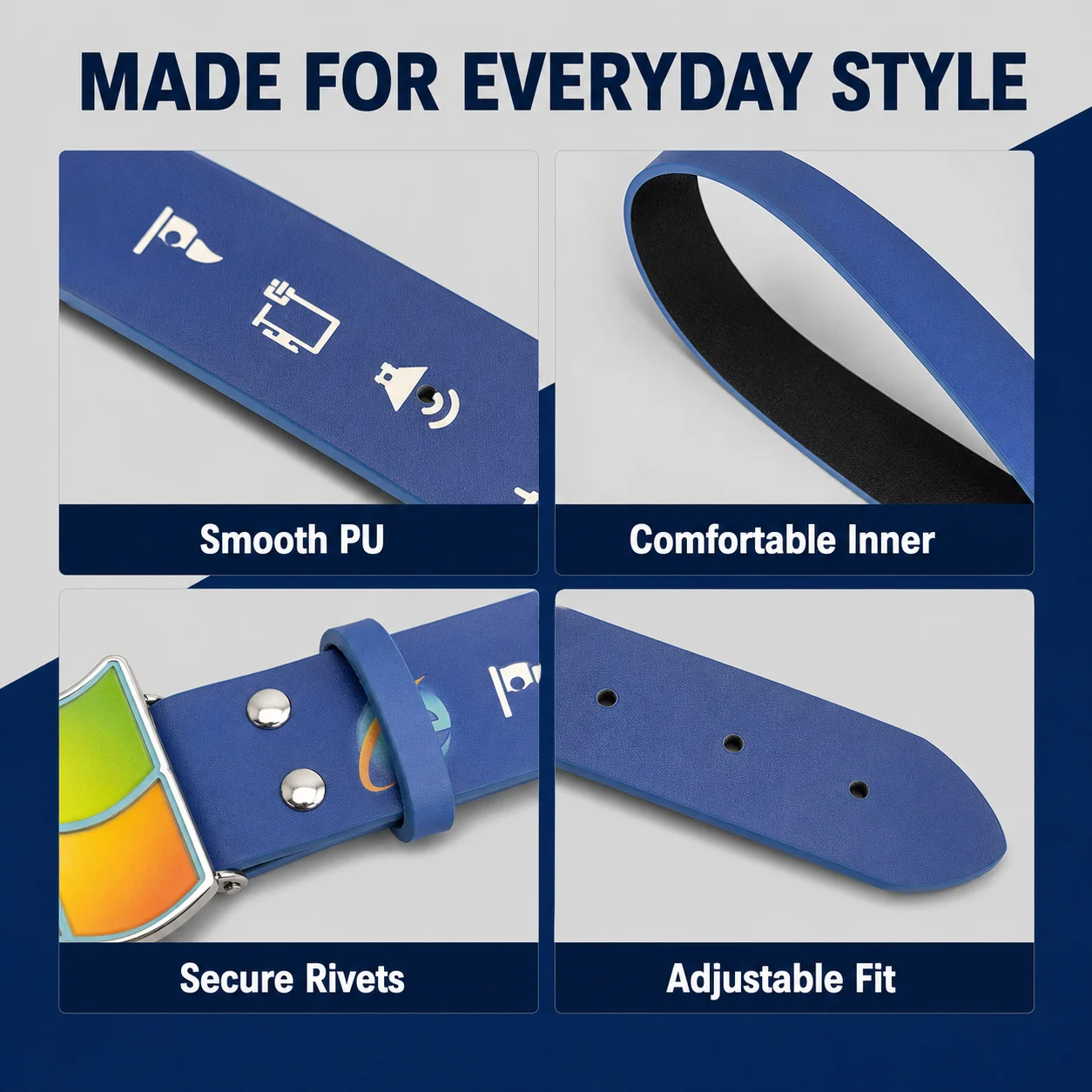 Unisex Y2K Retro Windows Vista PU Belt, Alloy 4-Color Logo Buckle with Vintage Desktop Print, Trendy Streetwear Waist Accessory