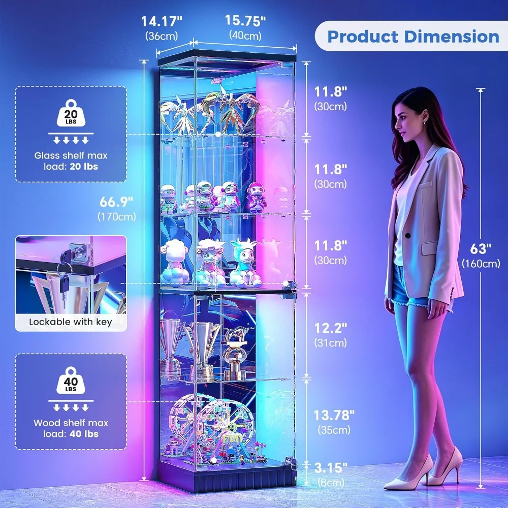 5-Tier Lockable Display Cabinet with Glass Doors & RGB Lights, Black Storage Shelf