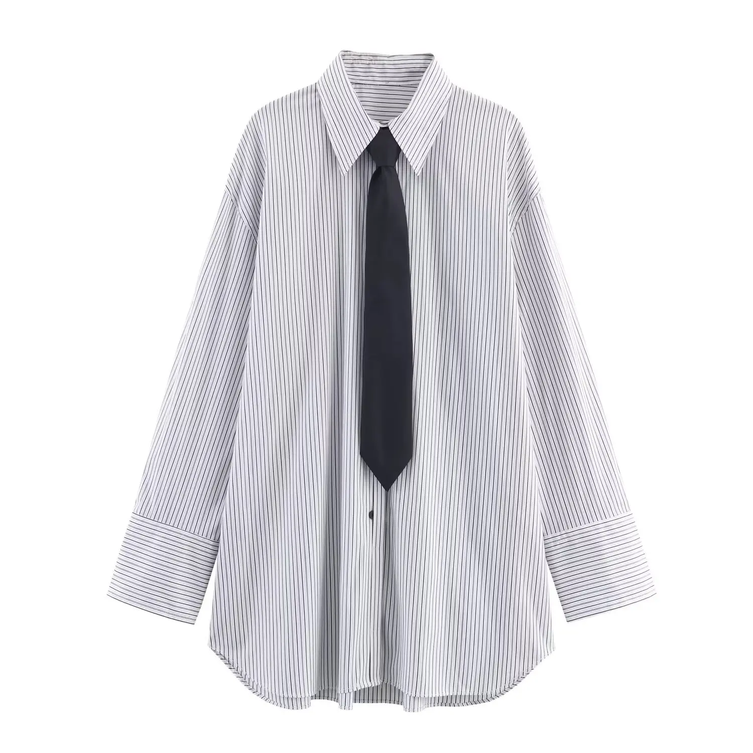2025 Nieuwe Mode Dames Lace-Up Ontwerp Lange Mouwen Button-Down Shirt Gestreepte Print Elegante Casual Stijl