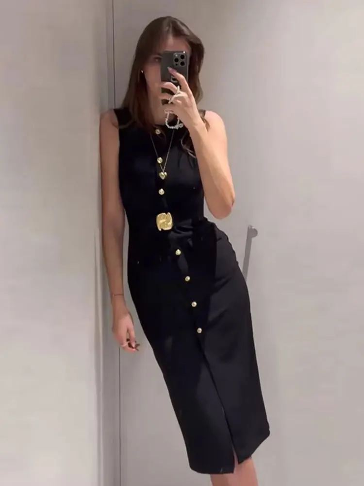 HH Sommerkleid Für Frauen Einreiher Ärmellose Frontschlitz Kleider Mit Gürtel Frau Elegante Zurück Zipper Schlank Midi Kleid