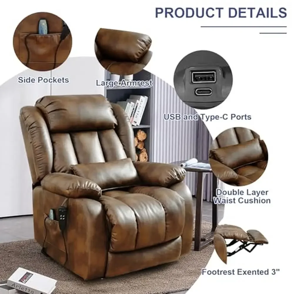 Dual Motor Power Lift Recliner Chair Genuine Leather Elderly with Extended Footrest Lumbar Pillow Massage Heating Remote Control