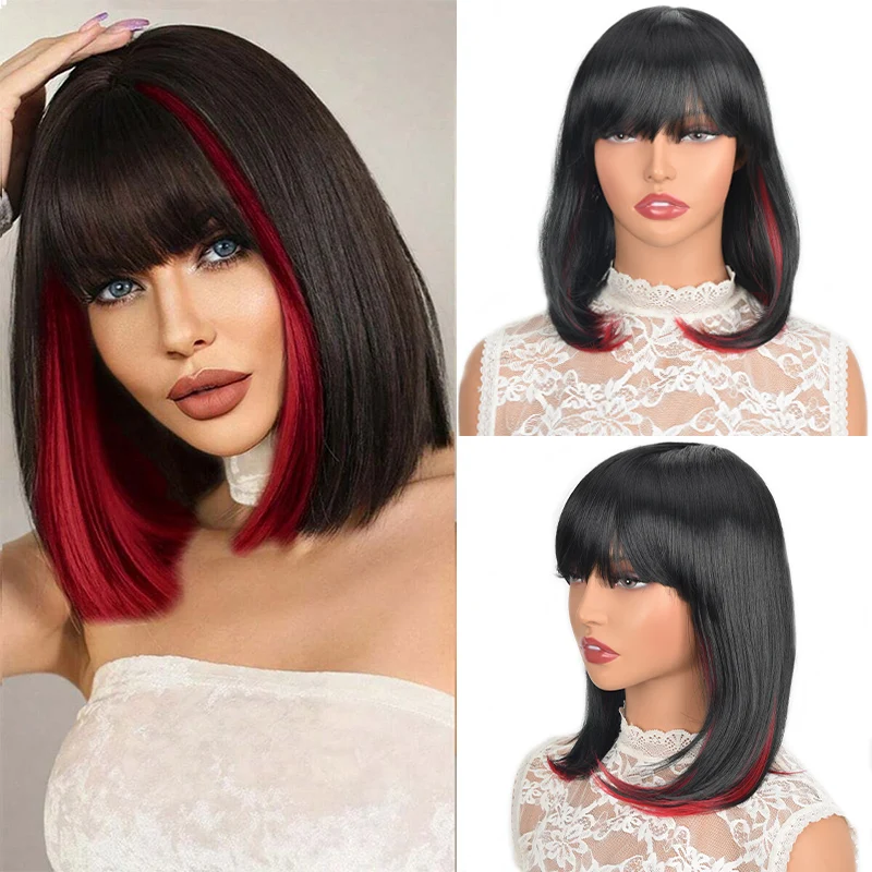 Black short synthetic natural women's wig with bangs heat-resistant straight bob wig for music festival party cosplay use