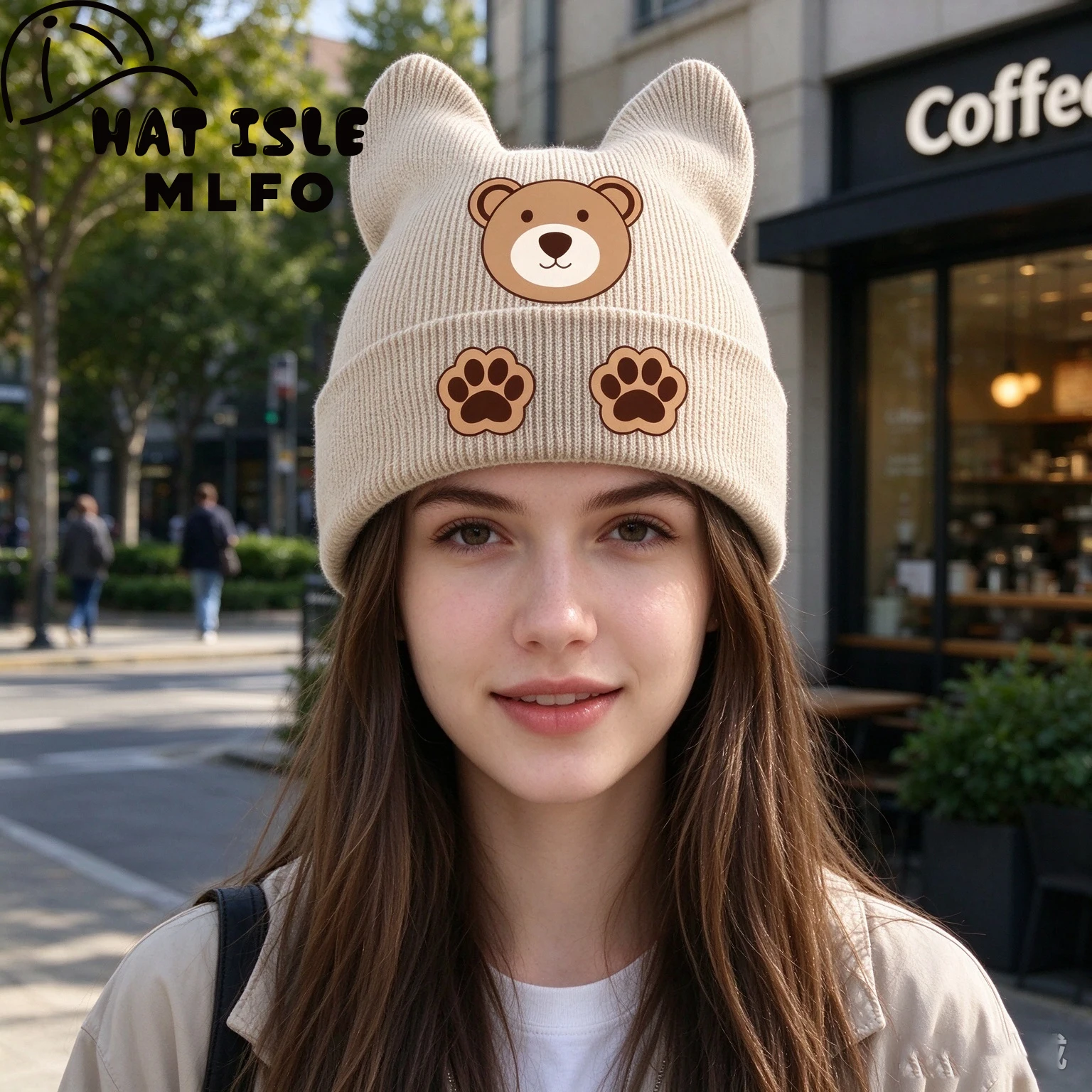 Adorable Cute Cat Ear Beanie, Bear Head & Paw Graphic Print, For Daily Errands, Holiday Outing & Family Trip