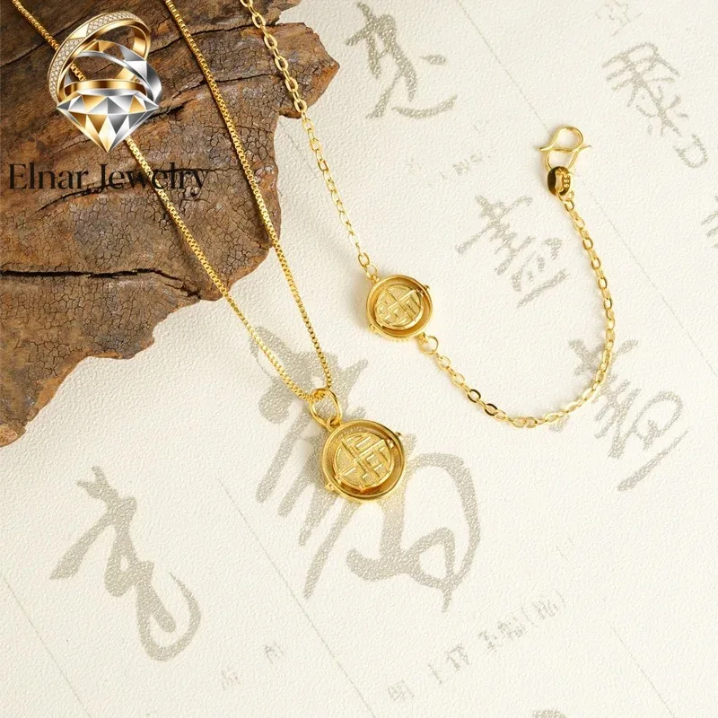 Elnar Jewelry Luxury 24K 9999 Pure Gold real gold Women's Fortune Round Brand Necklace Hollow Bracelet