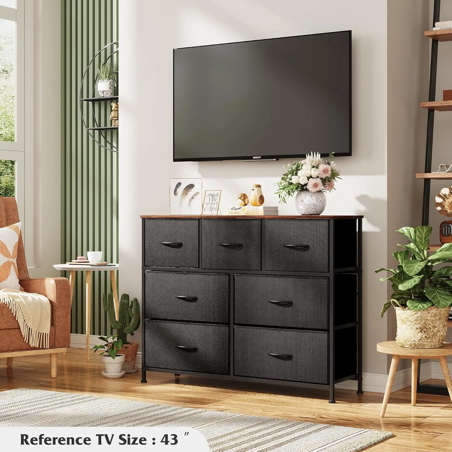 Entertainment Center with Fabric Drawers,Media Console Table with Metal Frame and Wood Top for TV up to 45 inch