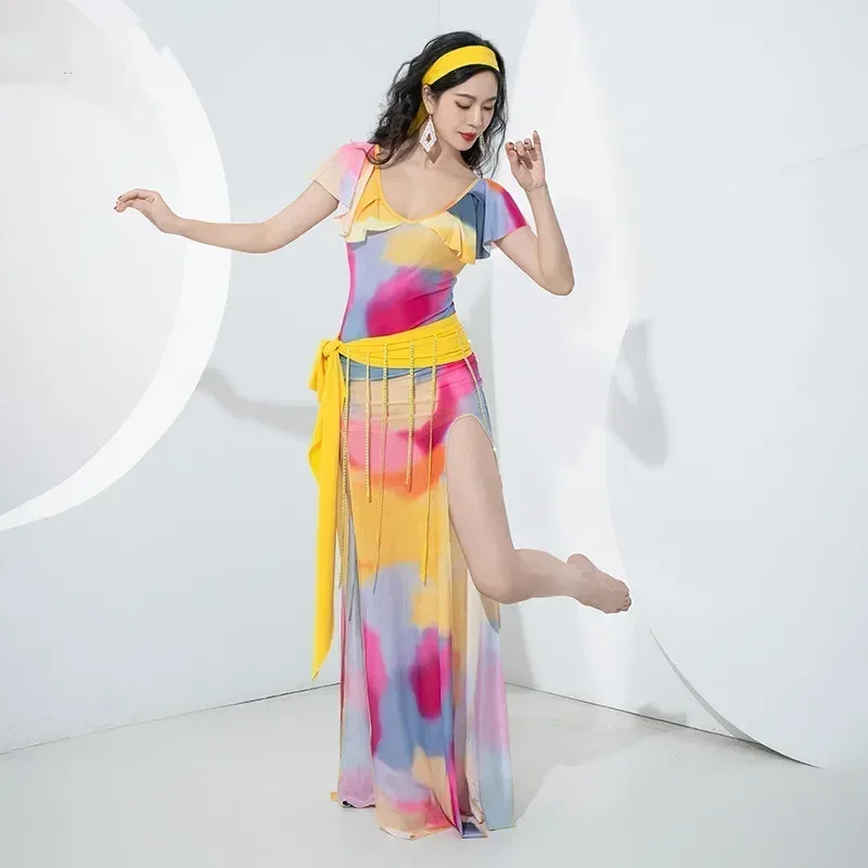 Shaabi Baladi Robe 4 pièces ensemble femmes Costume de danse du ventre manches courtes à volants Robe imprimée Sexy fente latérale danseur Performance nouveau