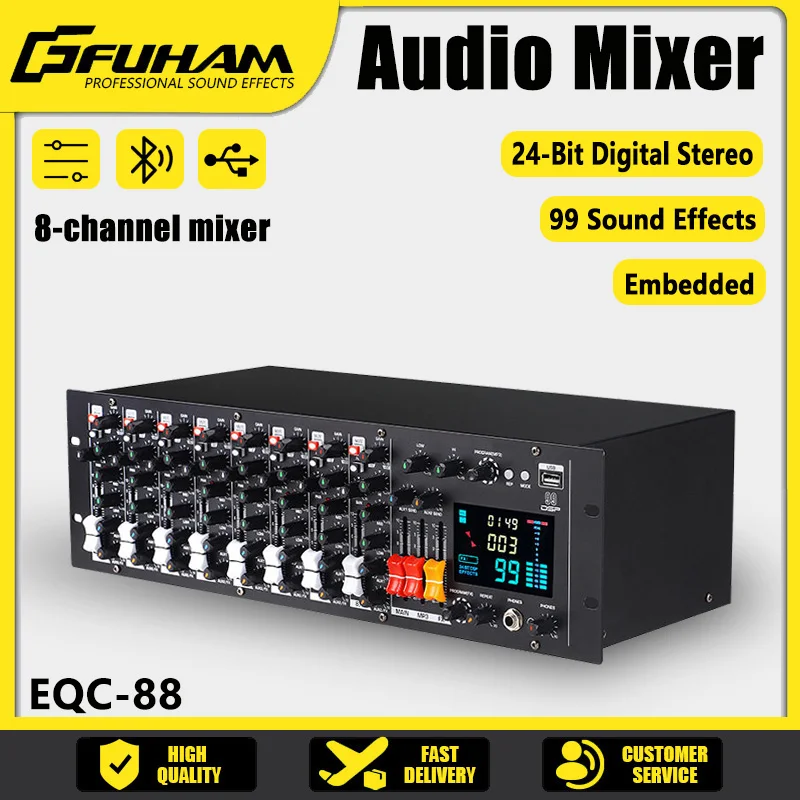 FUHAM EQC-88 Professional 8-Channel Audio Mixer Stage Mixing Console with Built-in 99 Effects Embedded Mixer for Sound Engineers