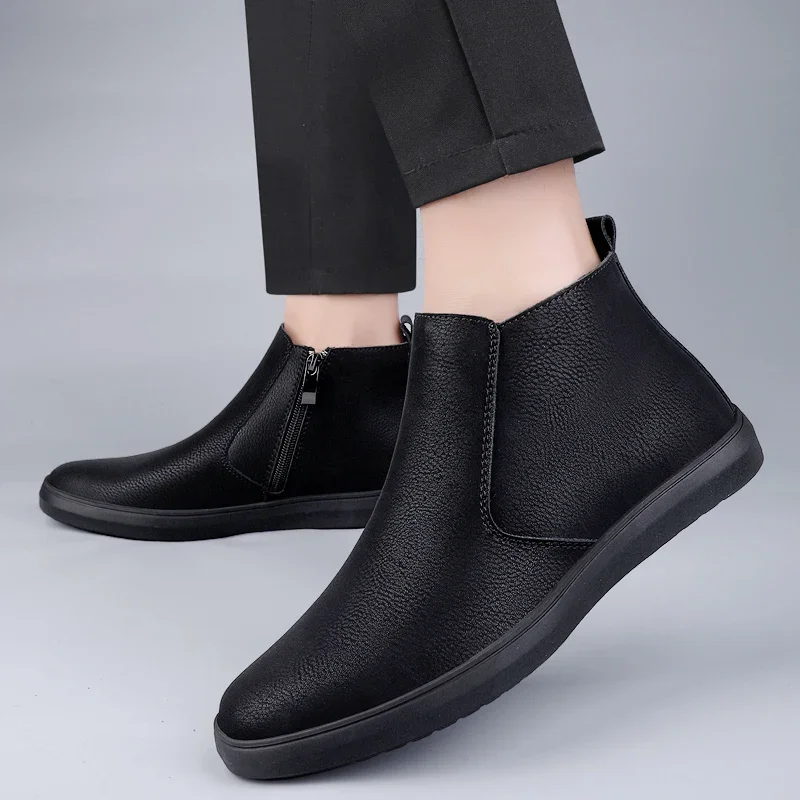 

Winter New Velvet Chelsea Men's Boots Luxury Brand Business High Top Shoes Soft Quality Leather Boots Comfortable Flats Bottom