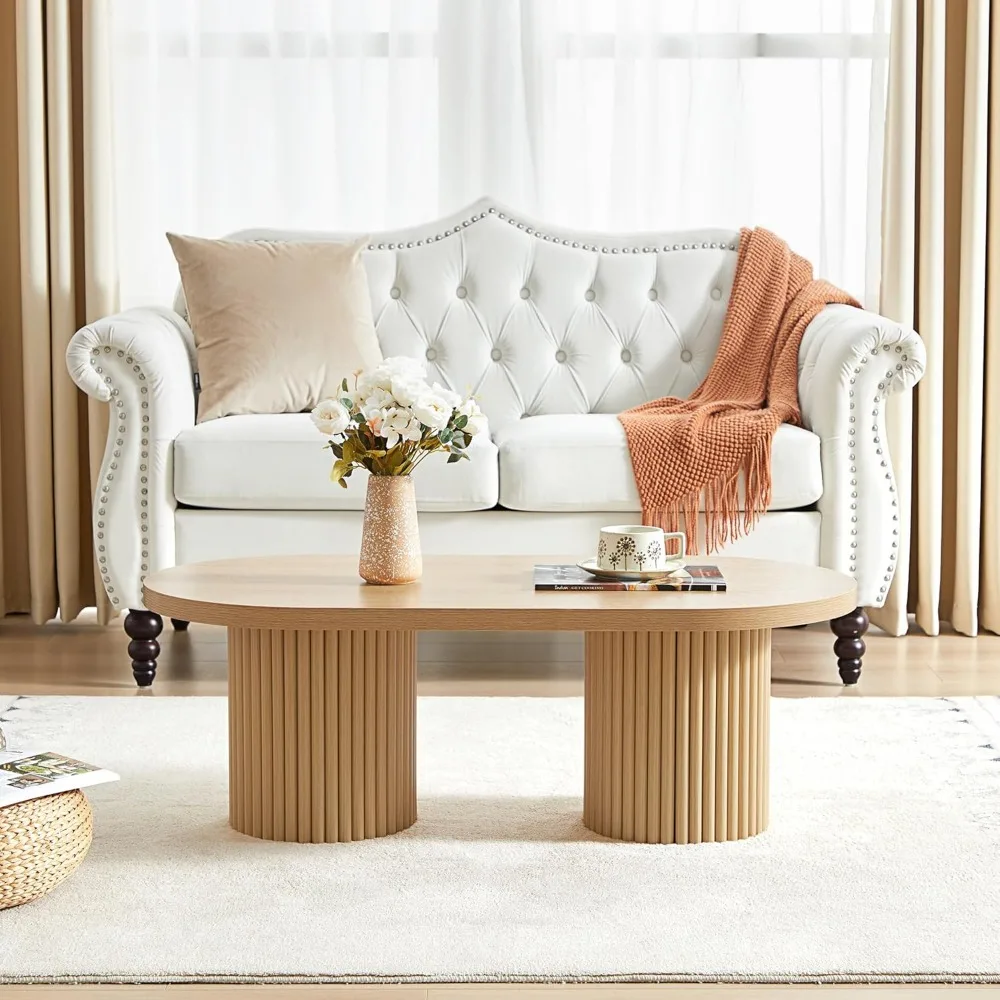 طاولة قهوة بيضاوية عصرية من Boho Chic لغرفة المعيشة، طاولة مركزية خشبية منحنية بأرجل مستديرة، مثالية لـ Bohemian Inte #3