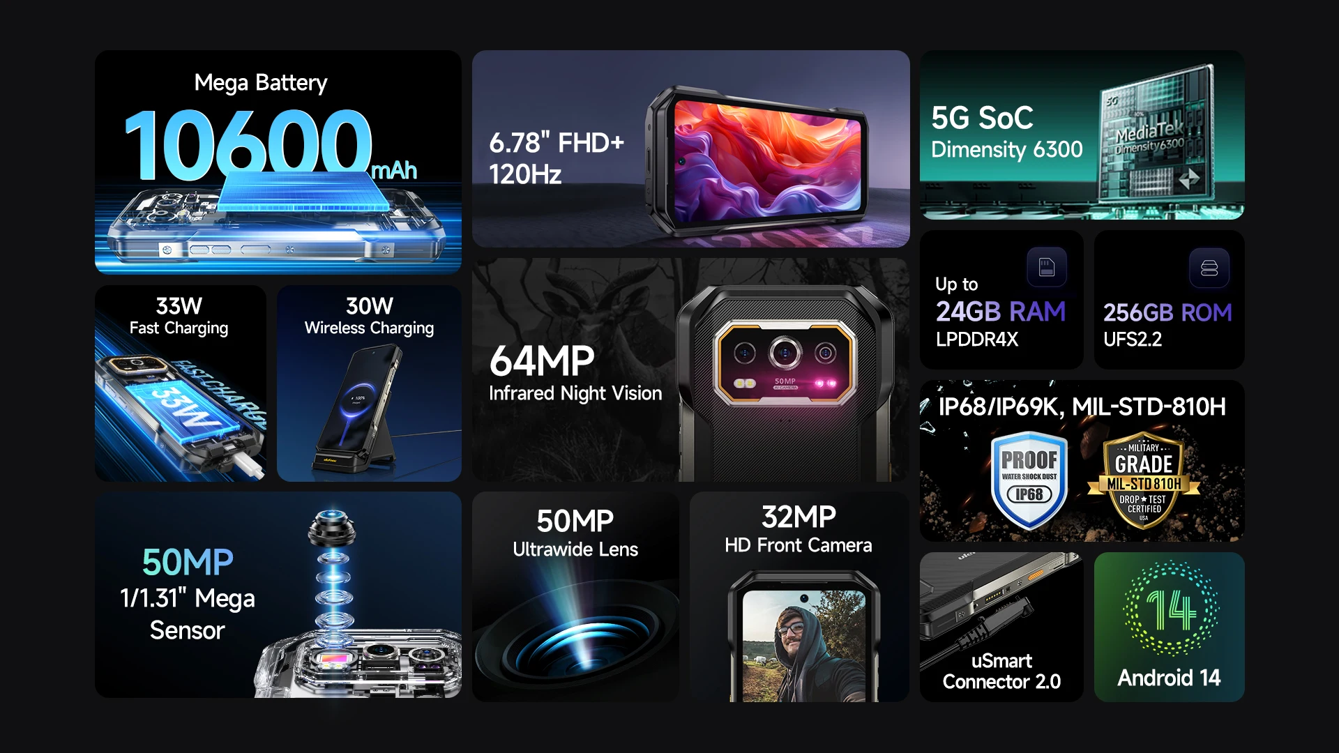 Ulefone Armor 27 Pro 5G Rugged Phone 10600mAh Smartphone Android 14 50MP Main Camera Up to 24GB+256GB NFC Mobile Phone