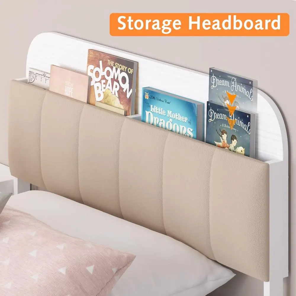 책장 헤드보드가 있는 흰색 트윈 금속 침대 프레임, 어린이, 청소년, 성인을 위한 덮개를 씌운 침대, 박스 스프링 필요 없음