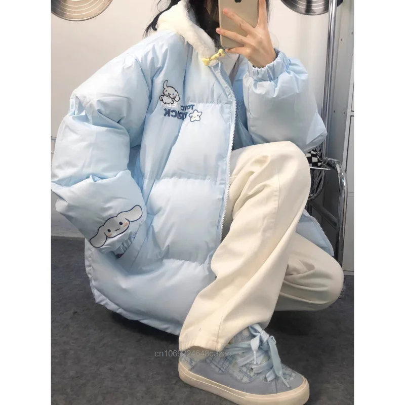 Sanrio Cinnamoroll Cute Embroidered Jacket Women Autumn Winter Japanese Style Sweet Cotton Padded Coat Y2k Girl Thick Top Hooded