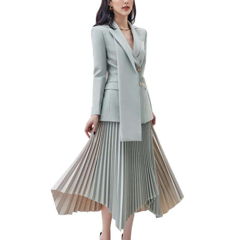 Ternos femininos Office Set Blazer com saia plissada Prom Dress 2 pcs Formal Irregular Costura Cores Azul Bege Jacket Em Stock