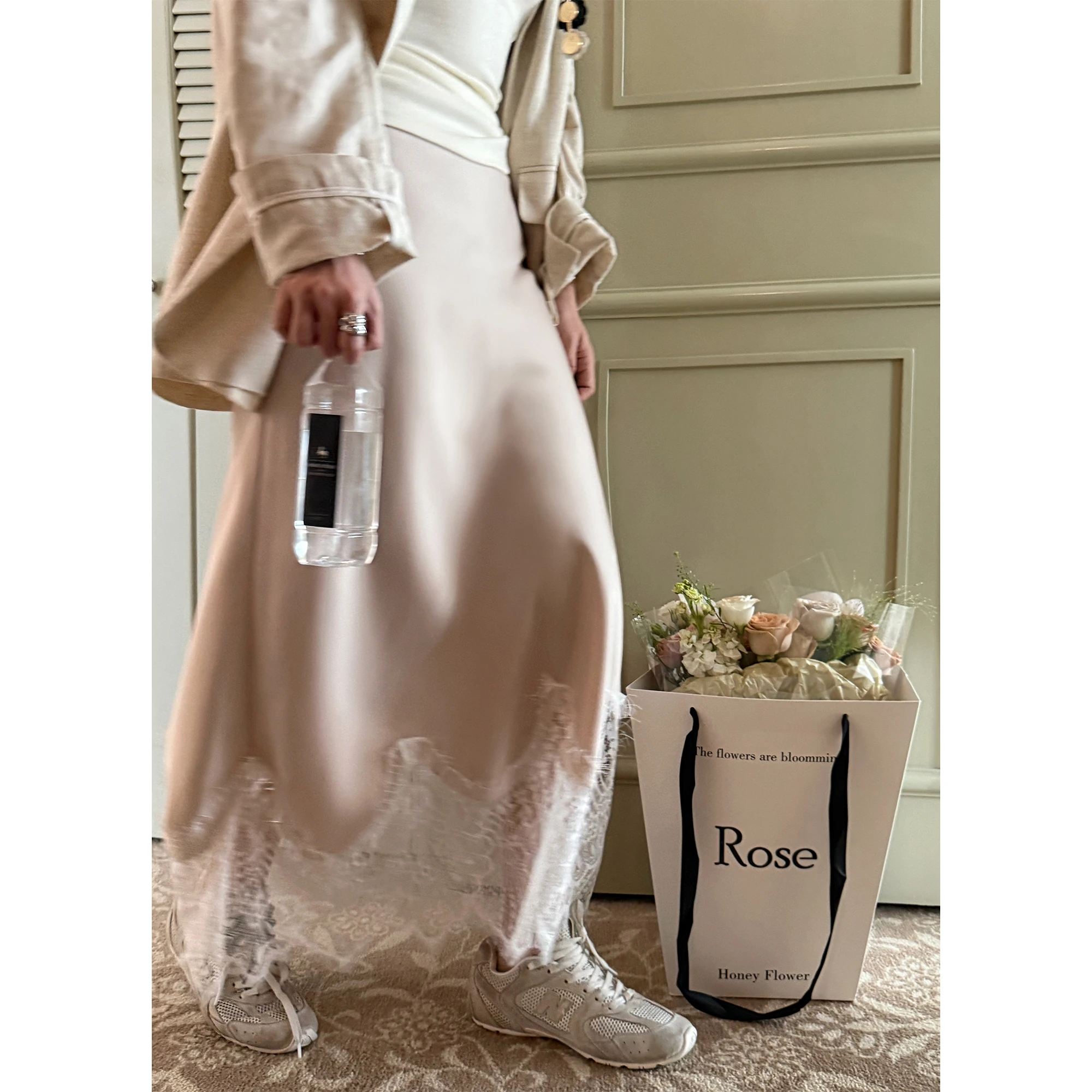 

Юбка с высокой талией и кружевной отделкой, женская длинная юбка А-силуэта, летняя повседневная винтажная юбка с эффектом похудения