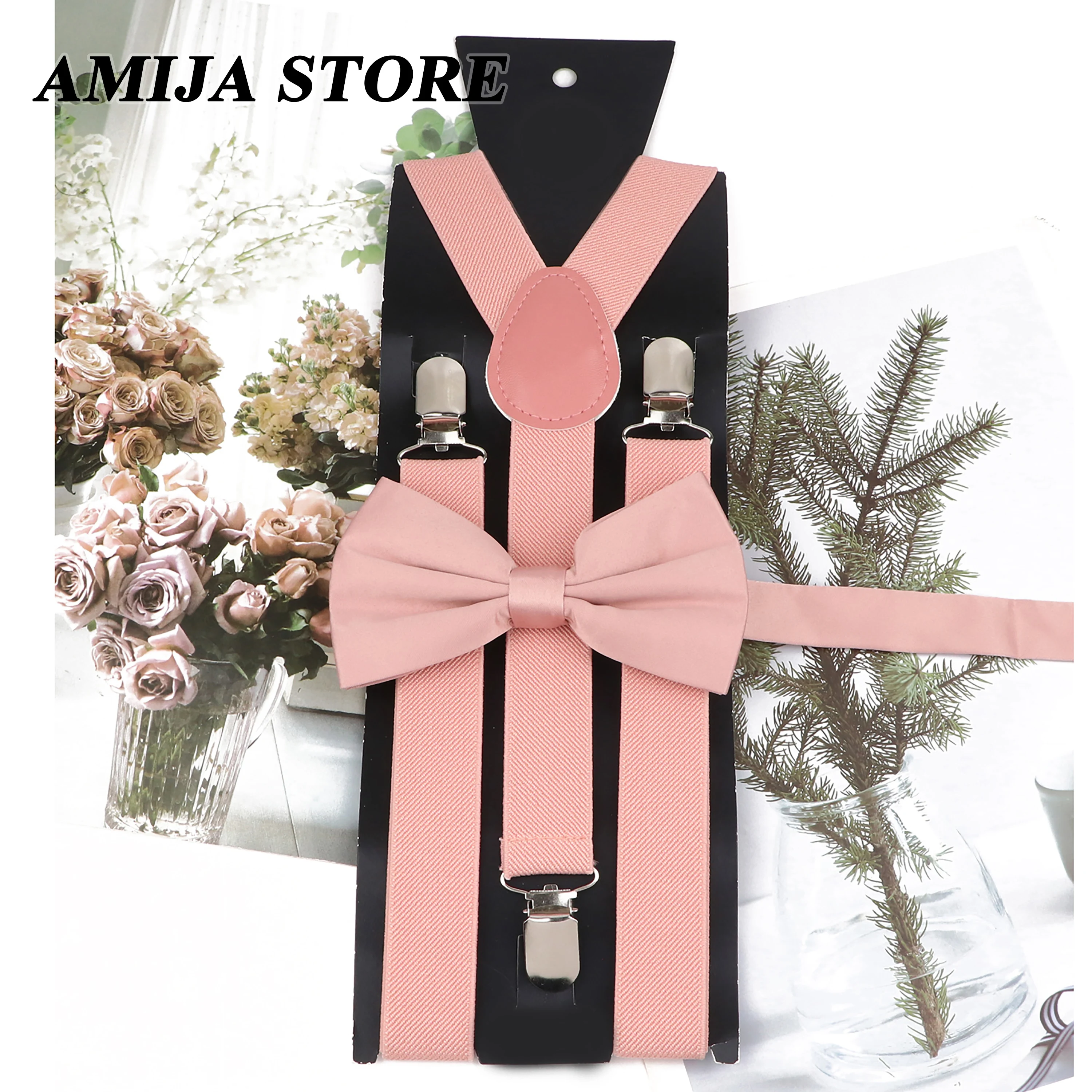 Fashion Unisex Suspender Set Sage Green Pink Braces With Satin Bowtie Clip-on Elastic Y-back Mens Straps Butterfly Party Wedding