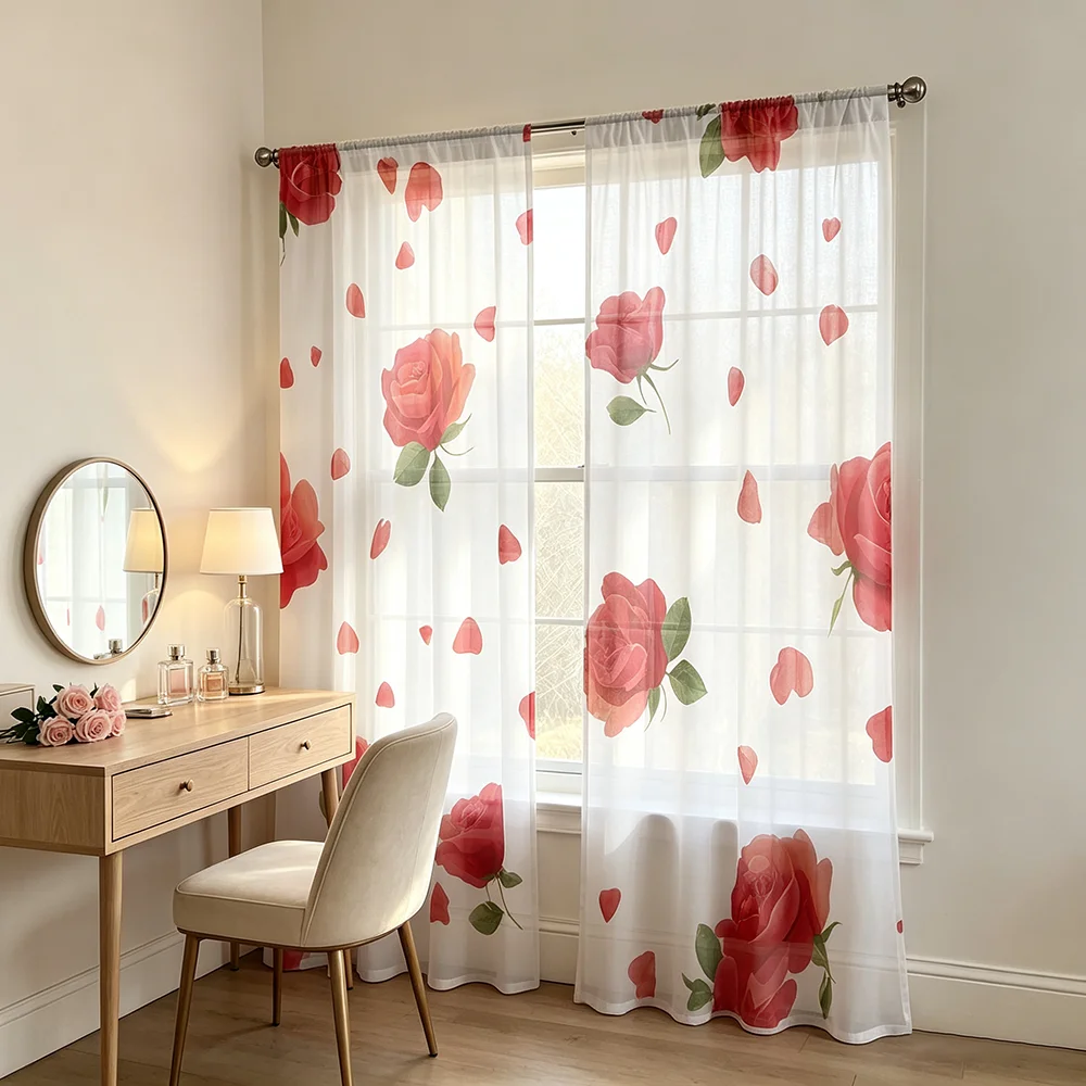 2PCS Rose Red Print AB Sheer Curtains, Rod Pocket, Polyester, Home Decor, Window Drapes, Bedroom Living Room, Kitchen, Bathroom
