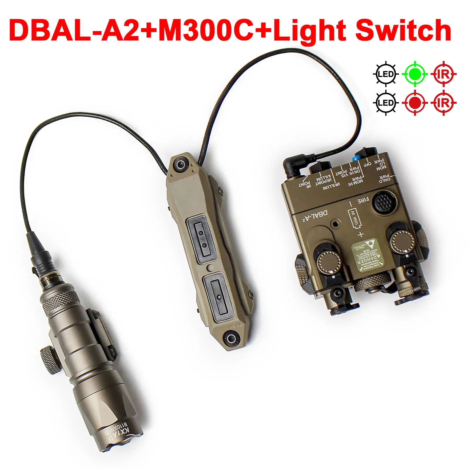 

Tactical DBAL-A2 Red Green Laser With Hunting IR Infrared Airsoft Laser + M300C LED Flashlight + Dual Pressure Switch