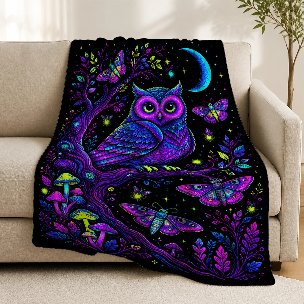 Whimsical Magical Owl Butterfly Throw Blanket Decorative Cottagecore Forest Art Sofa Cover Bohemian Gift