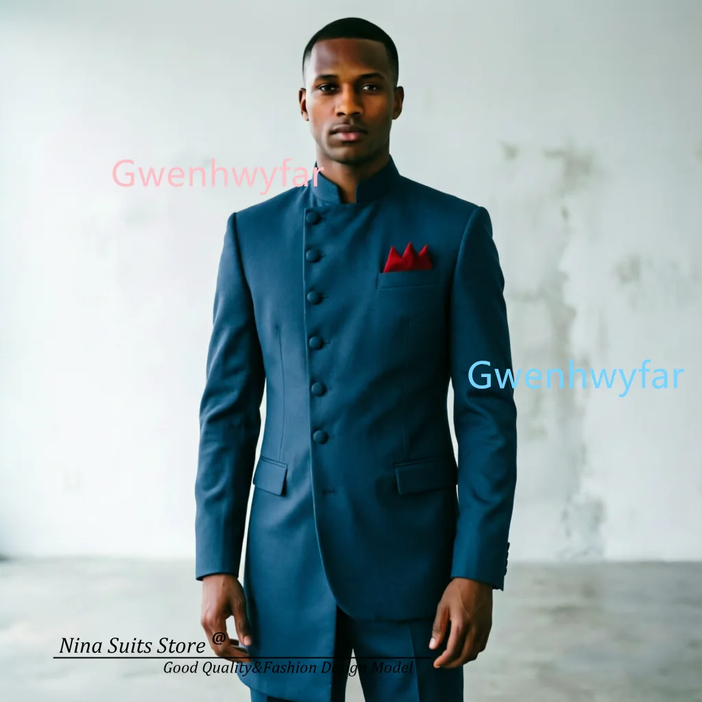 Gwenhwyfar 2026 Autumn New Men's Formal Suit Peacock Blue Jacket Asymmetrical Length Elegant Standing Collar Costume 2-piece set