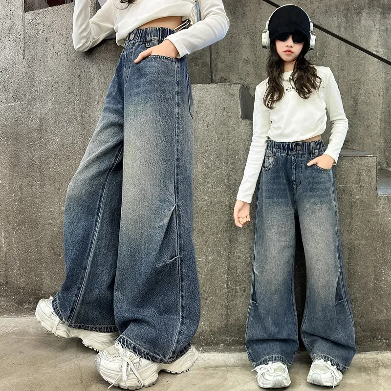 New 2025 Spring Teenagen Girls Jeans Five-Pointed Star Embroidered Wide Leg Long Pants Baggy Denim Trousers for 4-13yrs Kids