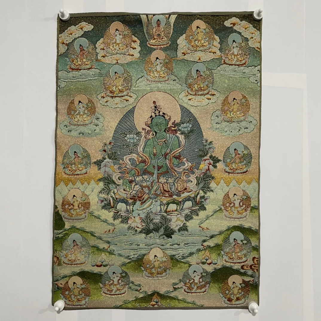 

35"Thangka Embroidery Tibetan Buddhism silk Embroidery Green Tara Buddha Thangka hanging screen Worship Hall Town house