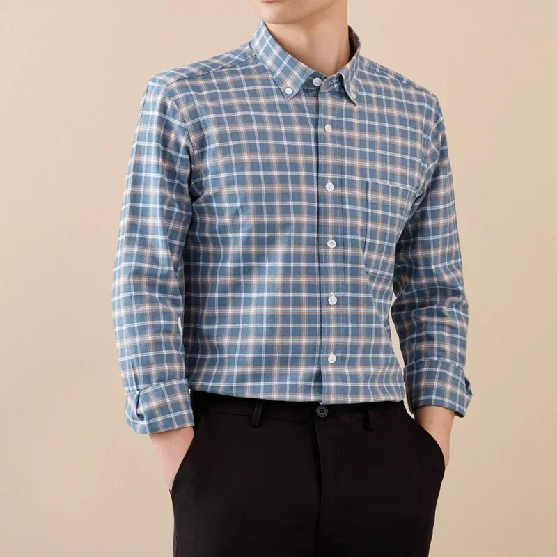 Men Slim Fit Formal Plain Shirt Plaid Striped  Korean Casual 100%cotton Oxford Long-sleeve Shirts for Designer Clothes